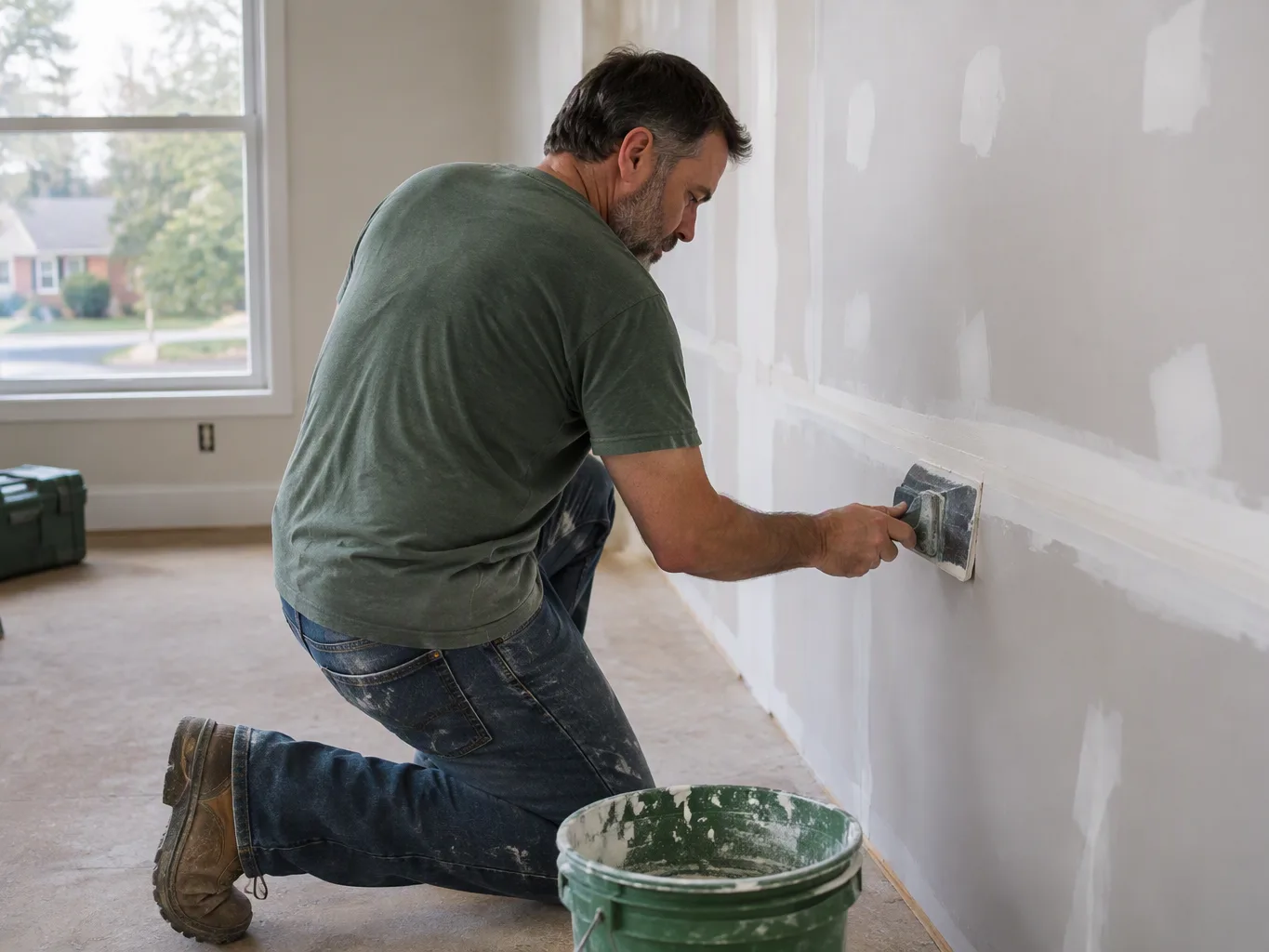 At the wall-preparation stage, a worker spreads joint compound over a drywall seam with a wide taping knife, smoothing the surface before interior finish work continues